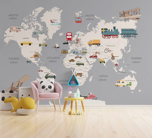 Toddler's World Map Wallpaper - Educational Kids Room Decor